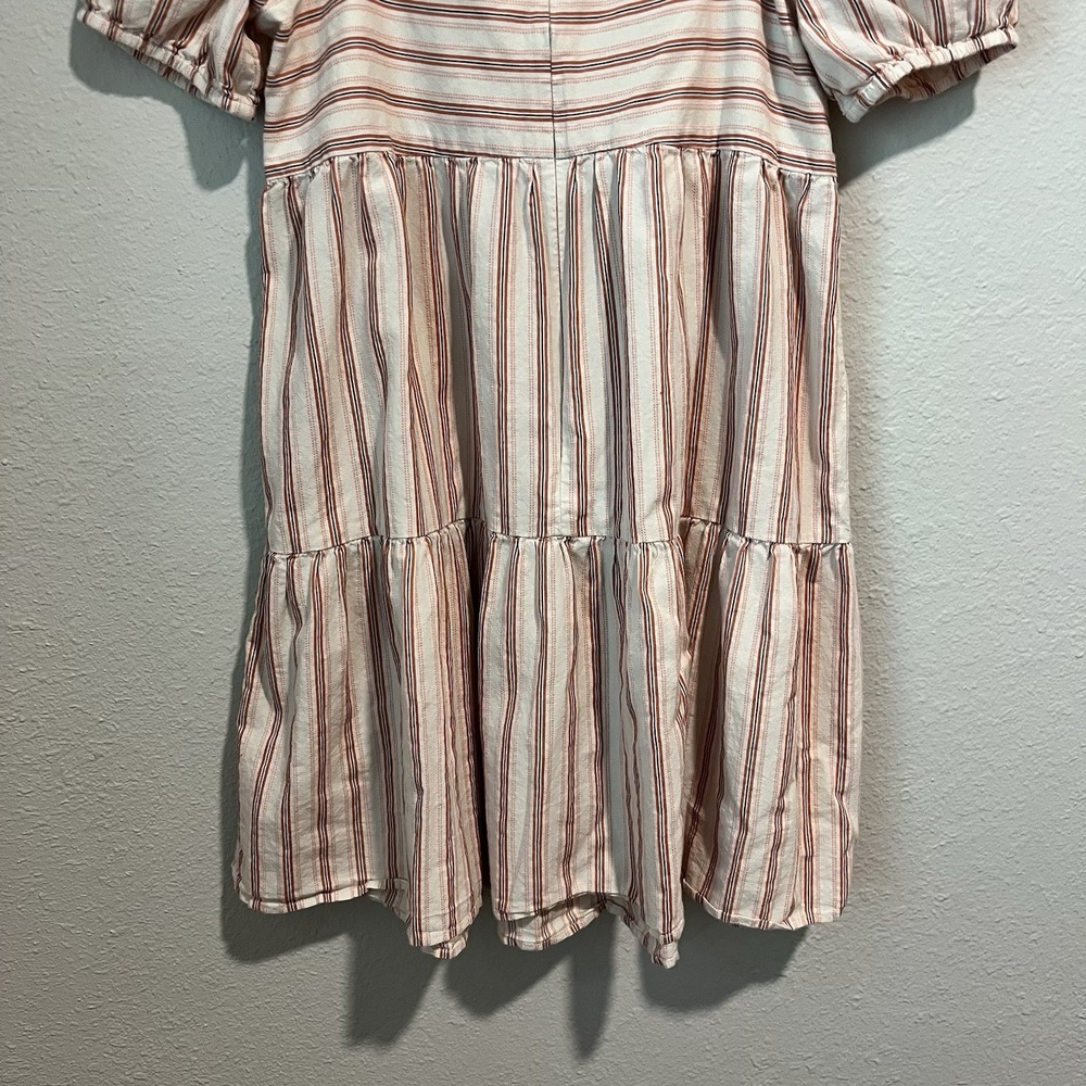 LOFT Women's Mini Dress Size 2 Red Pink Striped Puff Sleeve Babydoll Summery - Picture 8 of 13